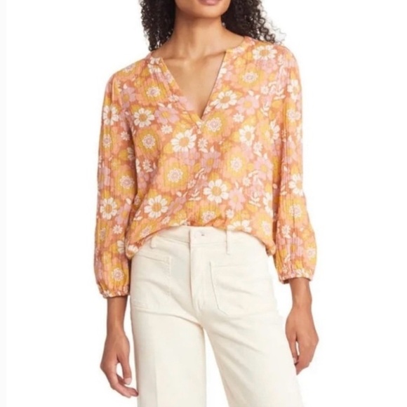 Marine Layer Jamie Banded Floral Top X-Small Cottagecore Split Neck NWOT - Picture 1 of 9